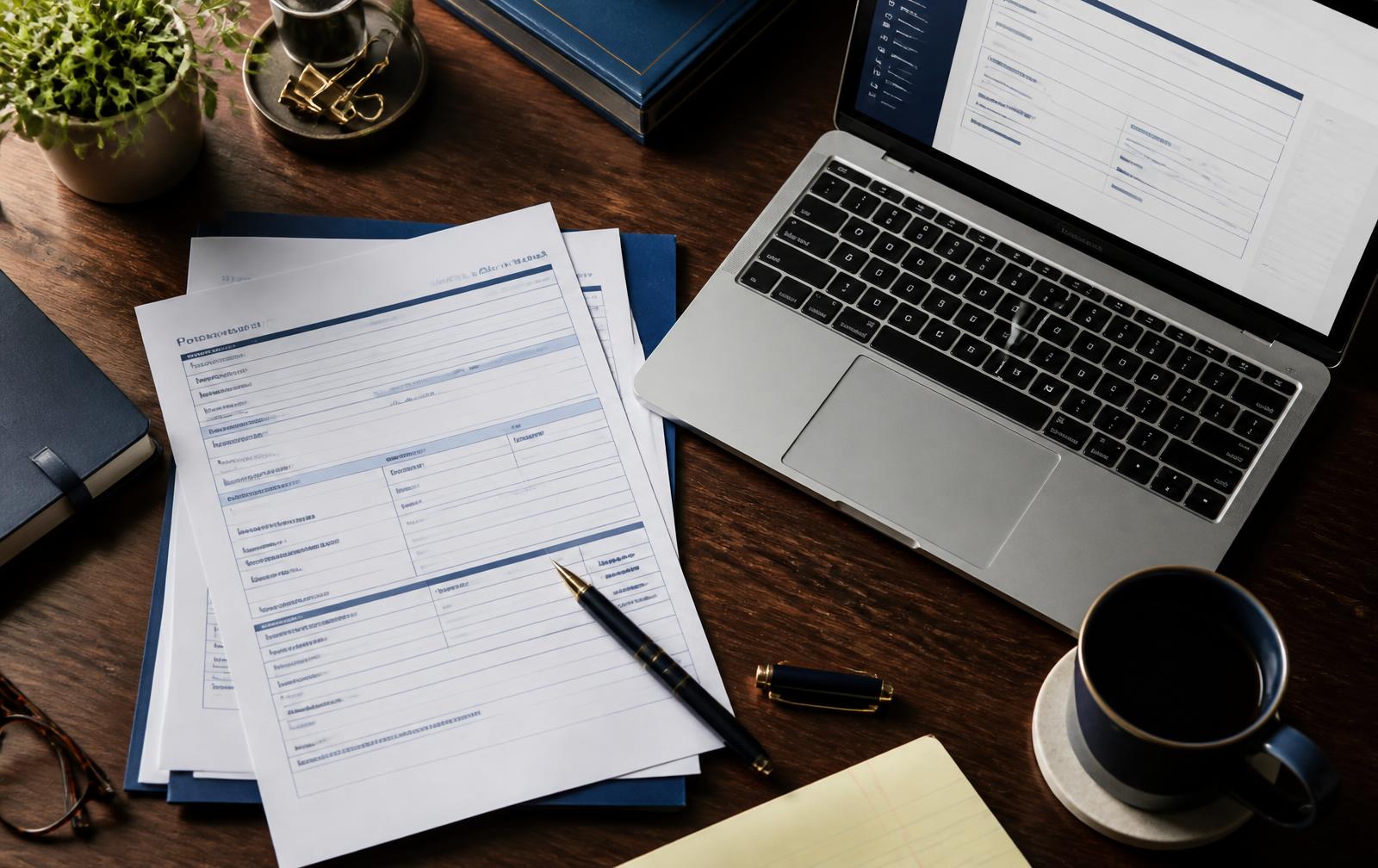 Insurance agent desk with ACORD application forms and a laptop